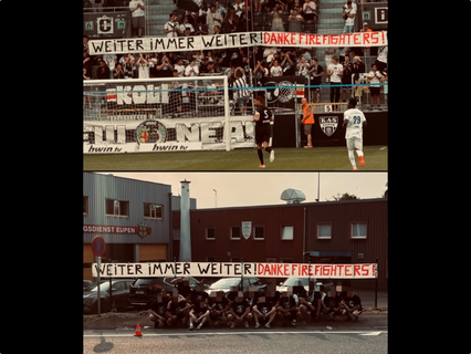 Les joueurs du club de football de
Eupen remercient  les pompiers pour leur travail dans les Hautes Fagnes.